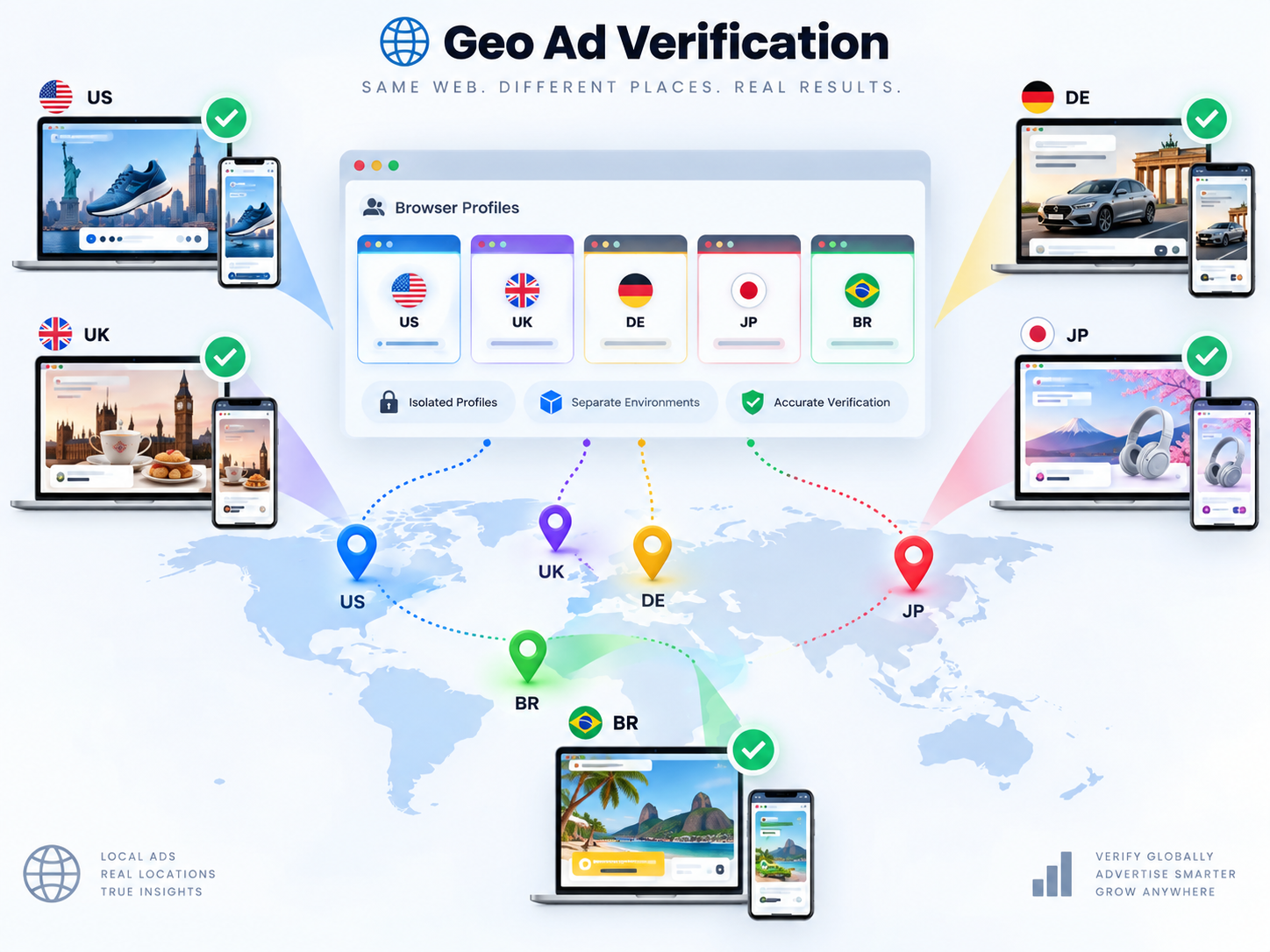 Geo ad verification using browser profiles to check ads across different countries, devices, and local environments